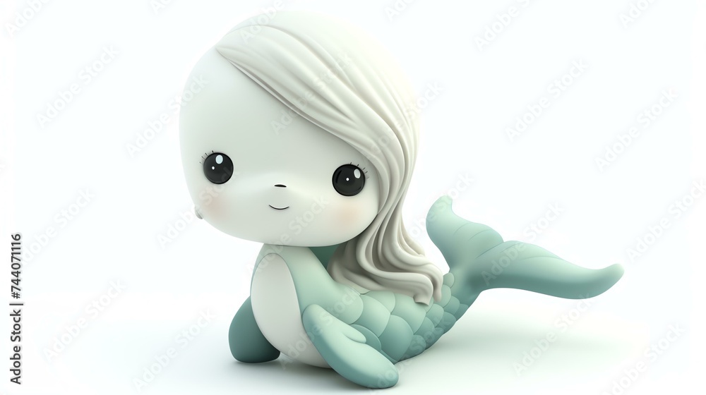 This is a cute and whimsical illustration of a cartoon mermaid. She has a big smile on her face and is sitting with her tail curled up behind her.
