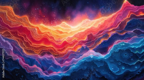  a painting of a multicolored mountain range in the night sky with stars and clouds in the sky and water droplets on the bottom of the mountain s surface.