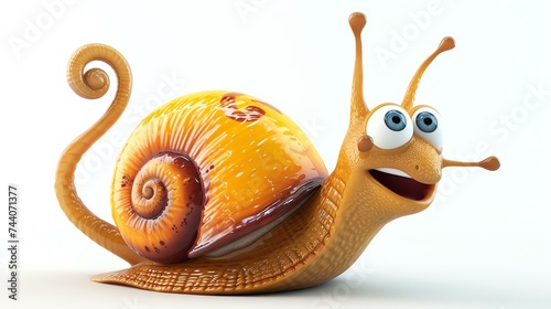 3D rendering of a cute and happy snail with big eyes and a shiny shell. The snail is isolated on a white background.