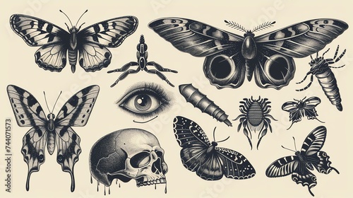 A collection of hand-drawn illustrations of butterflies, moths, and other insects. © Farm