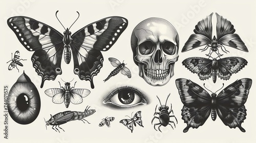 A collection of hand-drawn illustrations of skulls, butterflies, and other insects.