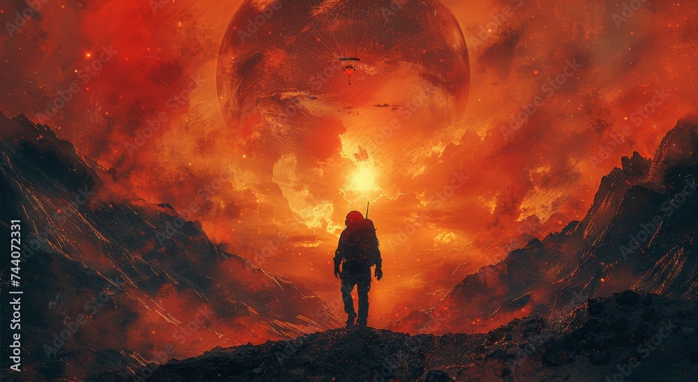 A lone adventurer braves the scorching heat and treacherous terrain, with a fiery volcano looming in the background, as he carries a large red object through the rugged wilderness - obrazy, fototapety, plakaty 