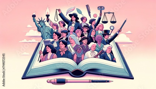 An illustration of a giant open book where iconic women from history emerge, surrounded by symbolic elements emphasizing the importance of the women's rights movement. AI Generative photo