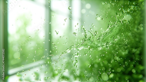  a close up of a window with raindrops on the glass and a blurry image of the outside of the window and the outside of the window behind it.