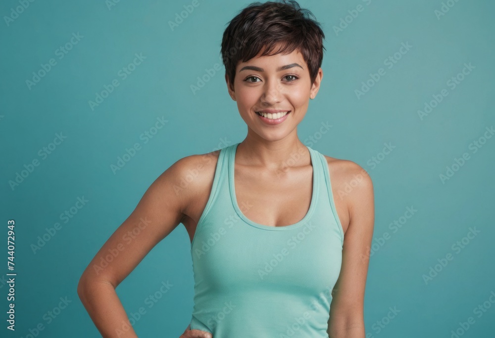 A sporty woman with a pixie haircut gives a confident smile, wearing a light teal tank top against a matching background.