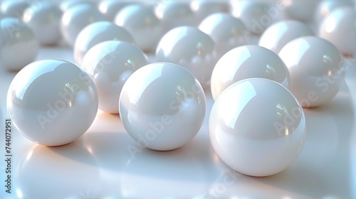  a group of white balls sitting next to each other on a white surface in front of a group of smaller white balls on a white surface in the middle of the picture.