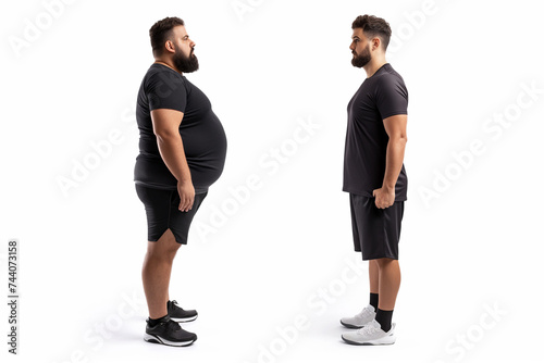 Man posing before and after weight loss. Diet and healthy nutrition. Fitness results, get fit. Liposuction results, plastic surgery. Transformation from fat to athlete. Overweight and slim, training