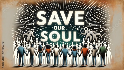 A group of diverse individuals standing together, forming a human chain, with the phrase Save Our Soul shining above them, emphasizing unity and collective support. AI Generated