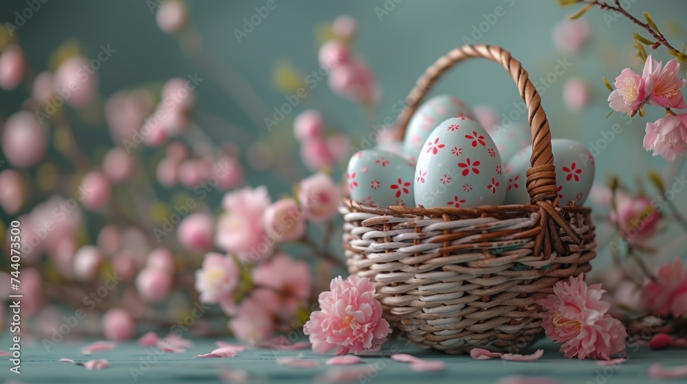  a basket filled with blue and white eggs sitting on top of a table next to a bunch of pink flowers on top of a blue and white table cloth covered with pink flowers.