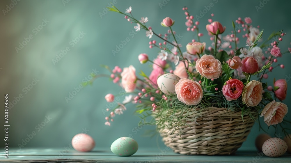  a basket filled with lots of pink flowers next to an egg on top of a table next to a basket filled with pink and white eggs and pink flowers next to a green wall.