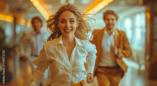 A determined woman races ahead  her flowing dress trailing behind  as a man chases after her with a smile on his face in an indoor setting  showcasing the power of determination and the beauty of mov