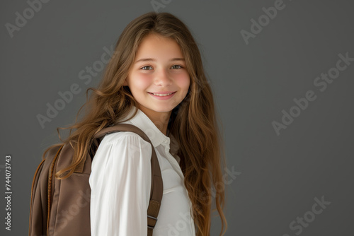 Radiant schoolgirl with long hair and backpack, her beaming smile suggesting eagerness and a bright disposition in a white shirt. photo