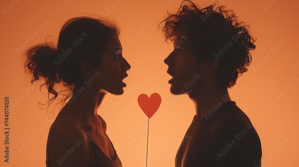  a man and a woman facing each other with a red balloon in the shape of a heart in the middle of the image and a red balloon in the shape of a heart.