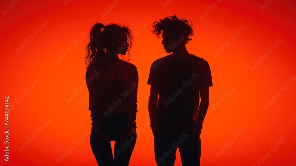  a couple of people standing next to each other in front of a bright red background with a black and white photo of a man and a woman facing each other.
