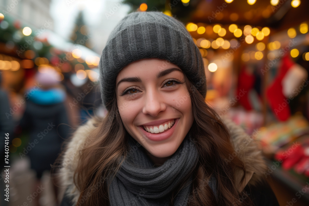 A smiling woman with a grey beanie and scarf is surrounded by the warm glow of a Christmas market, embodying the festive atmosphere.