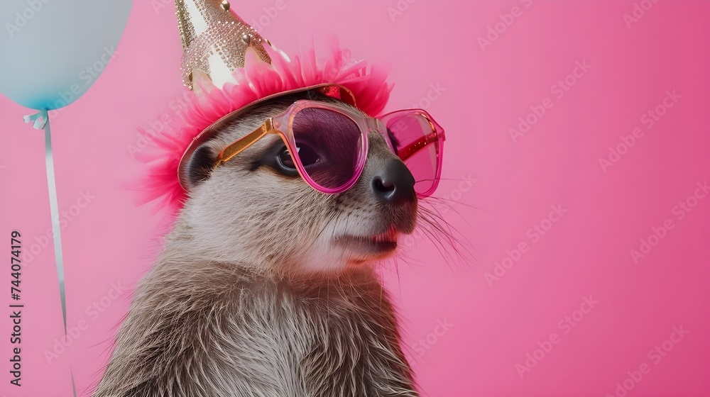 Fototapeta premium Creative animal concept. Beaver in glam fashionable couture high end outfits isolated on bright background advertisement, copy space. birthday party invite invitation banner
