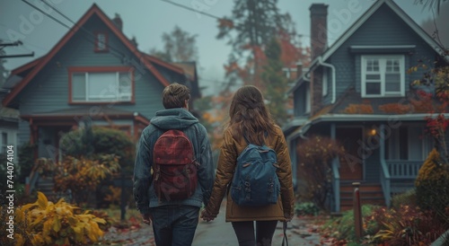 As the autumn leaves fall and the winter chill sets in, a man and woman stroll hand in hand down the quaint street, their warm jackets blending with the colorful trees and charming buildings, creatin