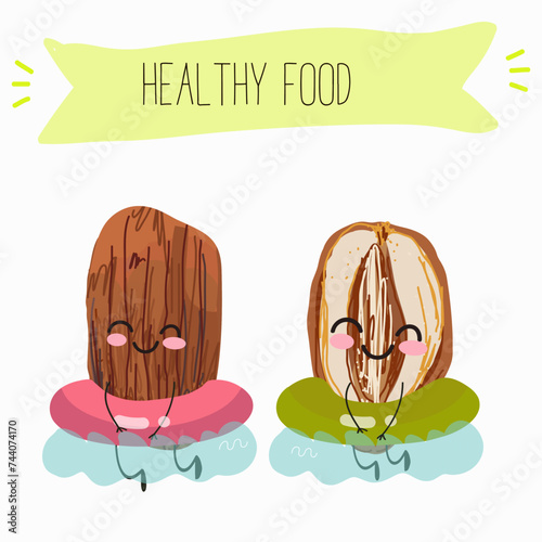 Cute  cartoon dates, date fruit characters with different activities. Flat vector illustration, funny fruits. Organic food.