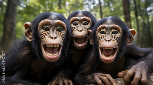 chimpanzees taking a selfie together in the rainforests