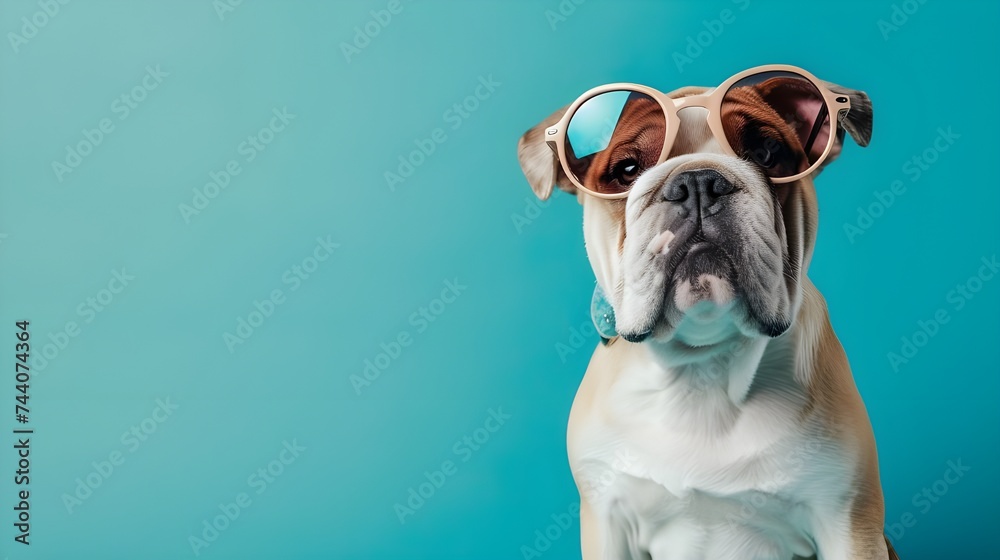 
Creative animal concept. Bulldog dog puppy in sunglass shade glasses isolated on solid pastel background, commercial, editorial advertisement, surreal surrealism