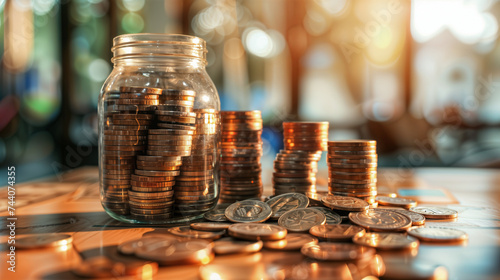 A glass jar full of coins on the table. Financial and saving concept