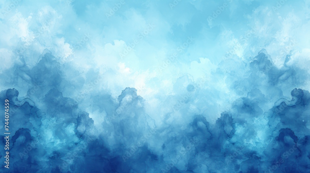  a painting of blue and white clouds with a blue sky in the background and a blue sky in the foreground with a few clouds in the middle of the sky.