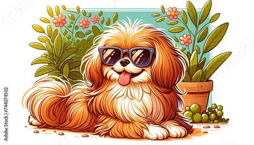 Illustration of a cute dog, its fur ruffled playfully, donning a pair of trendy sunglasses, lounging comfortably in a sunny garden setting. AI Generative photo