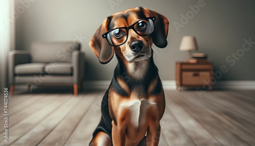 Photo of a charismatic dog with a glossy coat, wearing stylish prescription glasses, sitting obediently with a curious expression, against a calm indoor backdrop. AI Generative photo