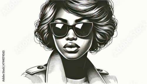 Crisp drawing of a lady with diverse descent, confidently wearing stylish sunglasses, her features sharply defined, set against a minimalistic background. AI Generative photo