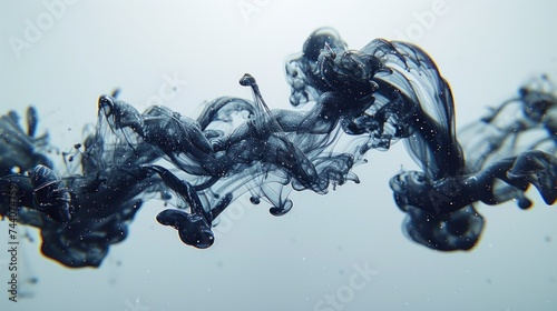  a group of black smoke floating in the air on top of a blue liquid filled body of water in front of a white and gray background of a blue sky.