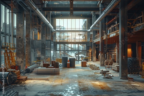 The towering steel structure of the factory loomed over the bustling indoor space, a testament to the power and efficiency of modern industry as workers below scurried about, surrounded by an array o photo