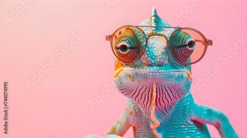 Creative animal concept. Chameleon in sunglass shade glasses isolated on solid pastel background, commercial, editorial advertisement, surreal surrealism © Muzikitooo