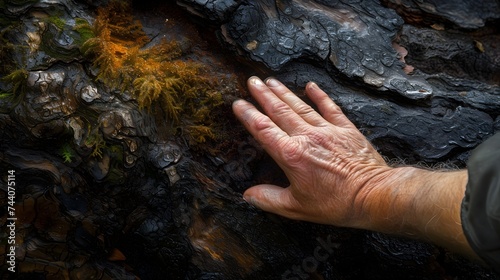 Hand delicately touching moss on a large tree trunk  reflecting a profound connection with nature and environmental responsibility