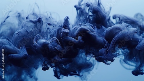  a group of blue smokes floating in the air on a blue and white background with a light reflection on the bottom of the image and bottom of the smoke.