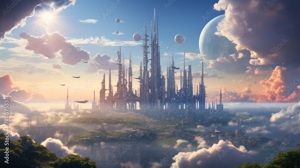 City floating in the clouds of Venus, showcasing advanced technology and innovative energy solutions for planetary colonization. Modern city skyline concept