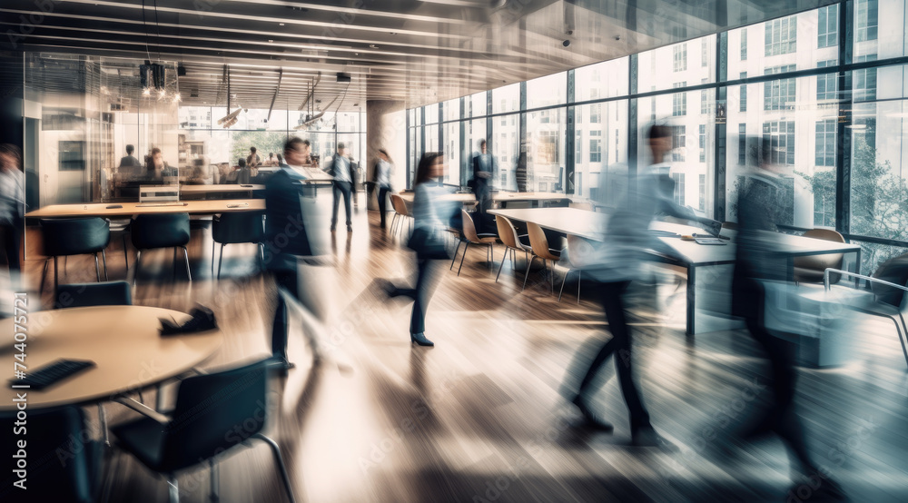 Business people rushing in office lobby with motion blur