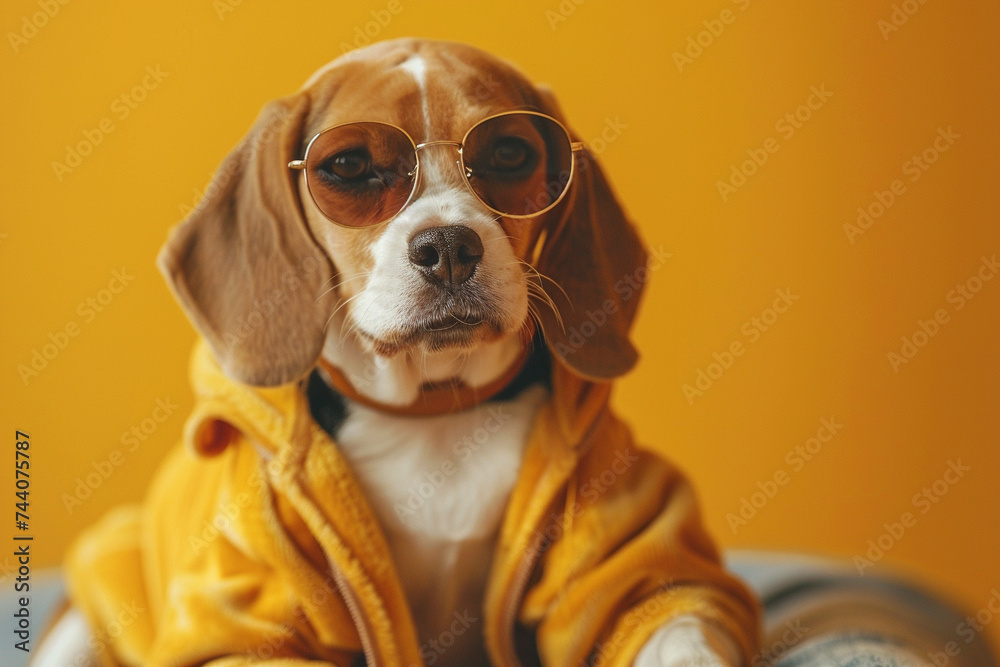 Beagle wearing clothes and sunglasses on Yellow background