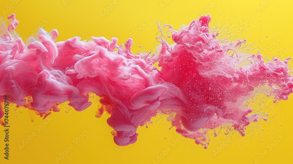  a pink and yellow liquid splashing on top of each other on a yellow and yellow background with a red spot in the middle of the left side of the image.