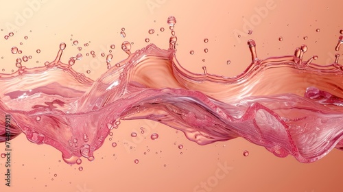  a close up of a pink liquid splashing on a pink background with a drop of water coming out of the top of the image to the bottom of the image.