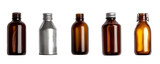 Set of blank bottles made with aluminum, tin, and amber glass bottle, isolated on transparent background