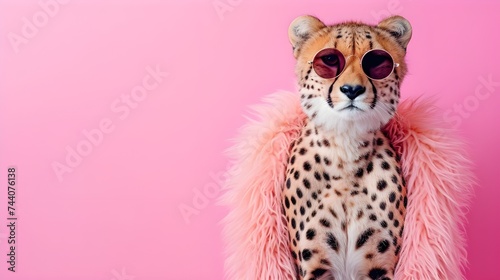 Creative animal concept. Cheetah in sunglass shade glasses in glam fashionable couture high end outfits isolated on bright background advertisement, copy space. birthday party invite invitation banner