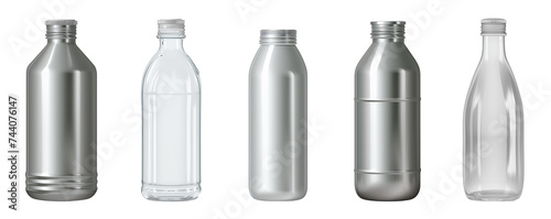 Set of blank bottles made with aluminum  tin  and amber glass bottle  isolated on transparent background