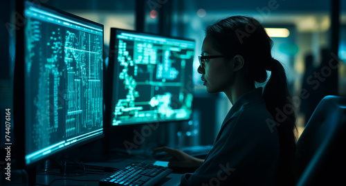 female senior data scientist reviewing big data graphs and troubleshooting an issue in a customer network, multiple monitors showing data and woman looking with glasses.