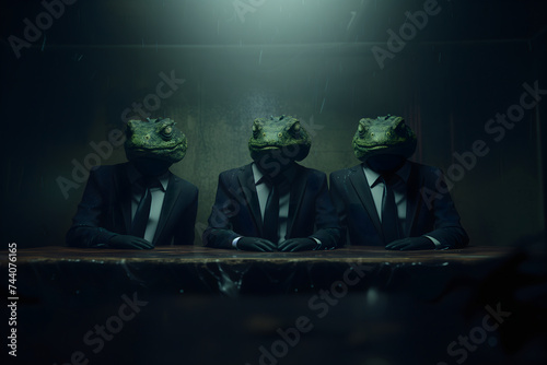 Three reptile men in business suits sitting at the table in dark room, secret world government concept photo