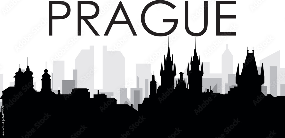 Black cityscape skyline panorama with gray misty city buildings background of the PRAGUE, CZECH REPUBLIC with a city name tag