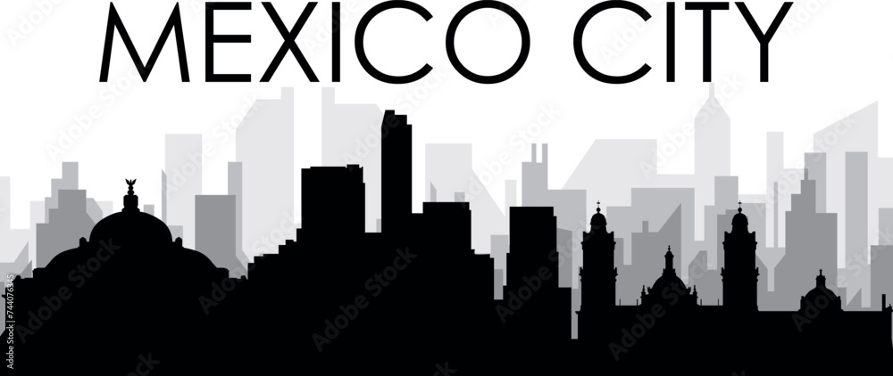 Black cityscape skyline panorama with gray misty city buildings background of the MEXICO CITY, MEXICO with a city name tag