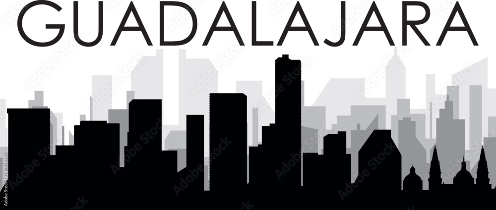 Black cityscape skyline panorama with gray misty city buildings background of the GUADALAJARA, MEXICO with a city name tag