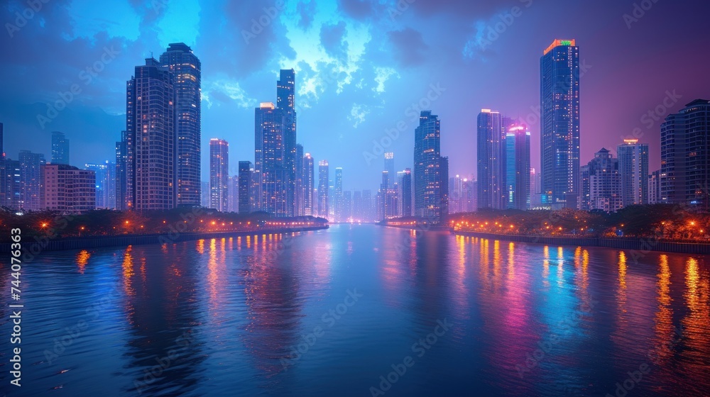 a large body of water in front of a city with tall buildings on the other side of the water and a few lights on the other side of the water. a large body of water in front of a city with tall buildings on the other side of the water and a few lights on the other side of the water.