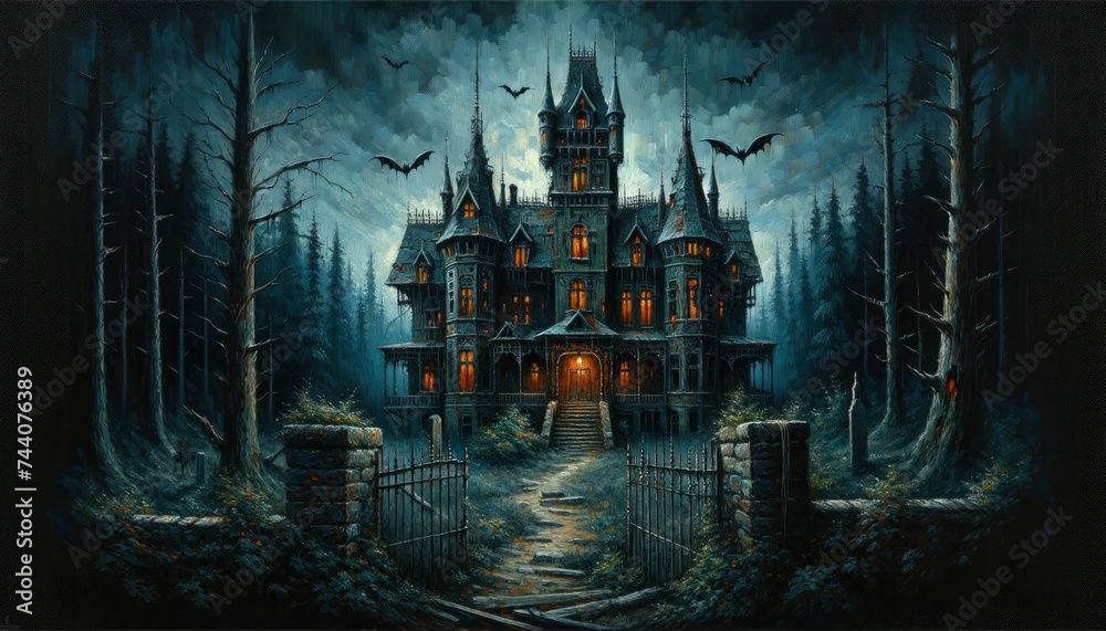 A dilapidated mansion in dense, dark woods with flickering lights, guarded by rusted gates and overgrown pathways. AI Generated