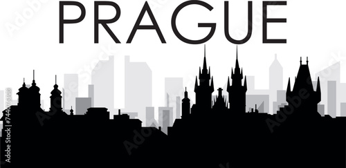 Black cityscape skyline panorama with gray misty city buildings background of the PRAGUE, CZECH REPUBLIC with a city name tag